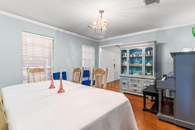 bedroom featuring an inviting chandelier, ornamental molding, and multiple windows