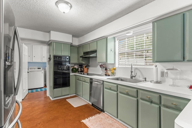 kitchen featuring sink, green cabinets, a textured ceiling, and black appliances