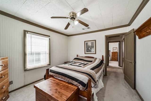 5411 Pecan St, Crosby, TX 77532 - bedroom with light carpet, crown molding, and ceiling fan