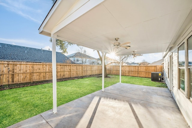 view of patio with ceiling fan and central AC unit