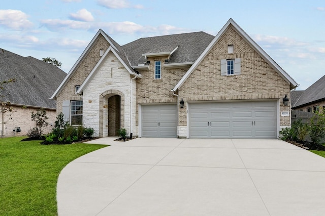 view of front of house featuring a garage and a front lawn