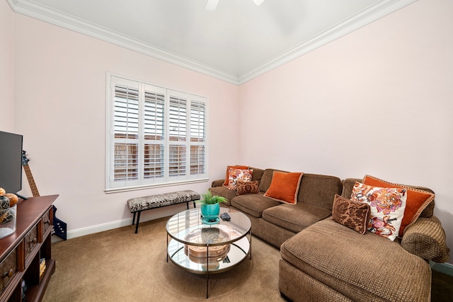 living room featuring crown molding and carpet flooring