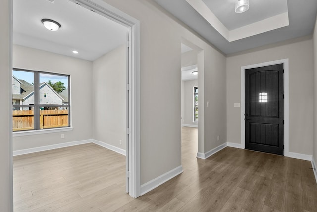 foyer entrance with a raised ceiling and light hardwood / wood-style flooring