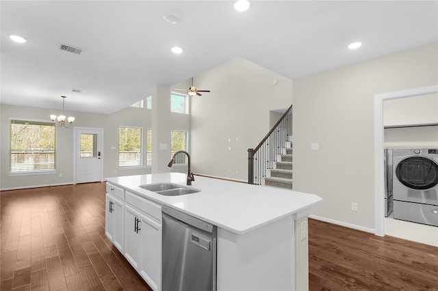 kitchen with sink, dishwasher, a kitchen island with sink, dark hardwood / wood-style floors, and white cabinets