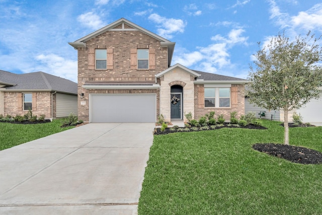 craftsman-style home with a garage, driveway, brick siding, and a front yard