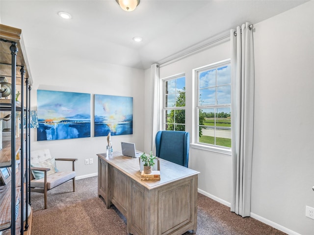 home office with baseboards, dark colored carpet, and recessed lighting