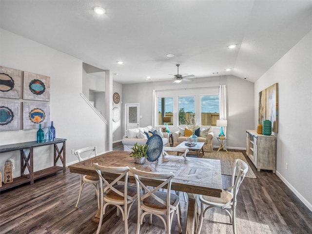 27014 Costa Creek Dr, Katy, TX 77493 - dining area featuring baseboards, dark wood-style floors, ceiling fan, recessed lighting, and lofted ceiling