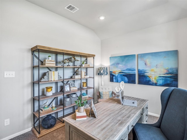 office area with baseboards, visible vents, vaulted ceiling, carpet flooring, and recessed lighting