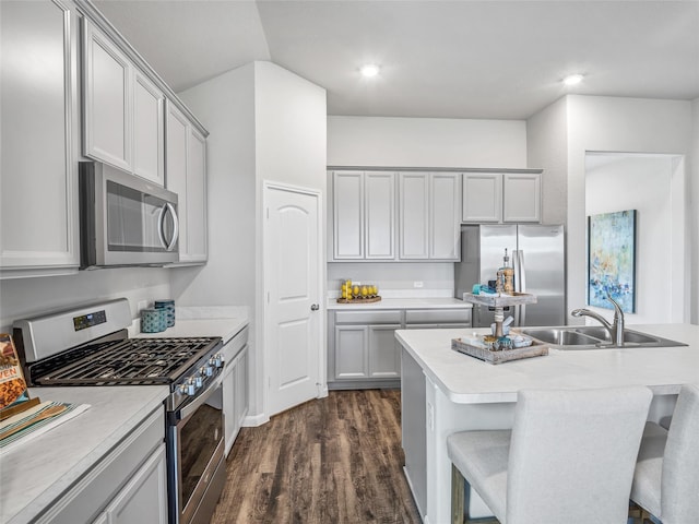 kitchen featuring stainless steel appliances, dark wood finished floors, light countertops, and a sink