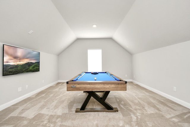 rec room with light colored carpet, lofted ceiling, and pool table