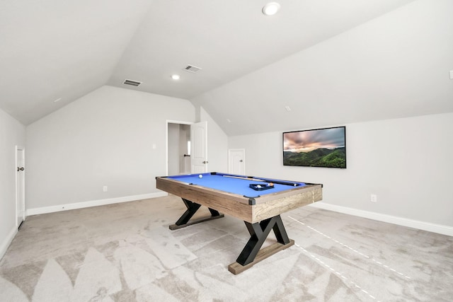 playroom with billiards, carpet flooring, and vaulted ceiling