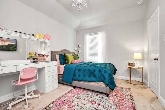 bedroom with light carpet and vaulted ceiling