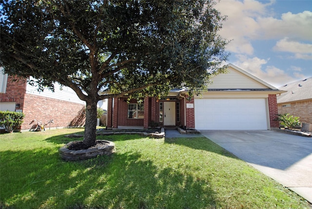 single story home with a garage and a front lawn