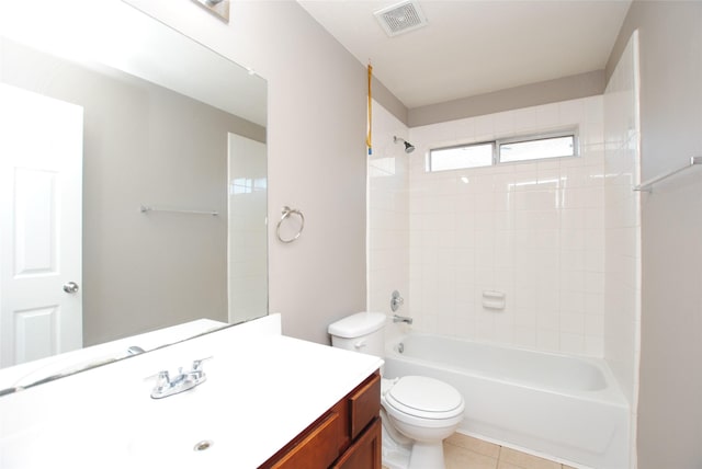 full bathroom with shower / bathtub combination, tile patterned floors, toilet, and vanity