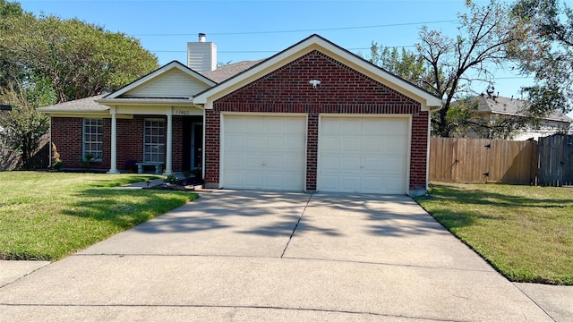 view of front of house with brick siding, concrete driveway, an attached garage, fence, and a front lawn