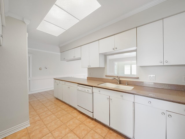 kitchen with white cabinetry, sink, crown molding, and dishwasher