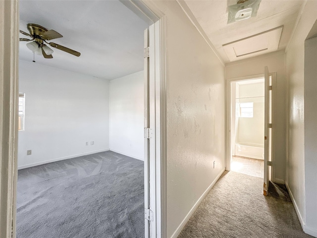 hall with dark colored carpet