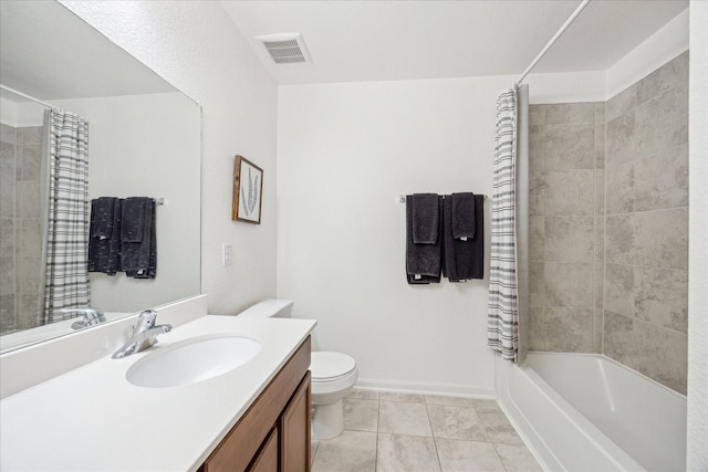 full bathroom featuring tile patterned flooring, shower / bath combo, vanity, and toilet