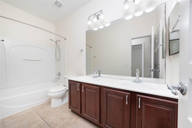 full bathroom with shower / tub combination, vanity, toilet, and tile patterned flooring