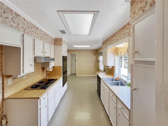 kitchen featuring white cabinets, sink, a textured ceiling, and black appliances