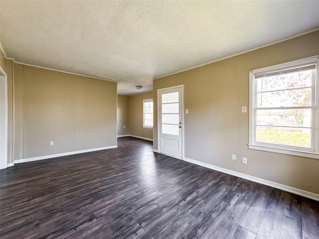 spare room featuring a textured ceiling, dark wood-type flooring, and a healthy amount of sunlight