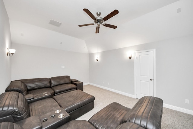 carpeted living room featuring lofted ceiling and ceiling fan