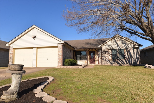 single story home featuring a garage and a front lawn