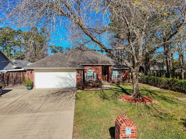 ranch-style house with a garage and a front yard