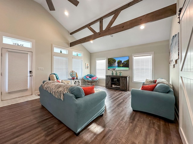 living room with vaulted ceiling, a barn door, dark wood-type flooring, and ceiling fan