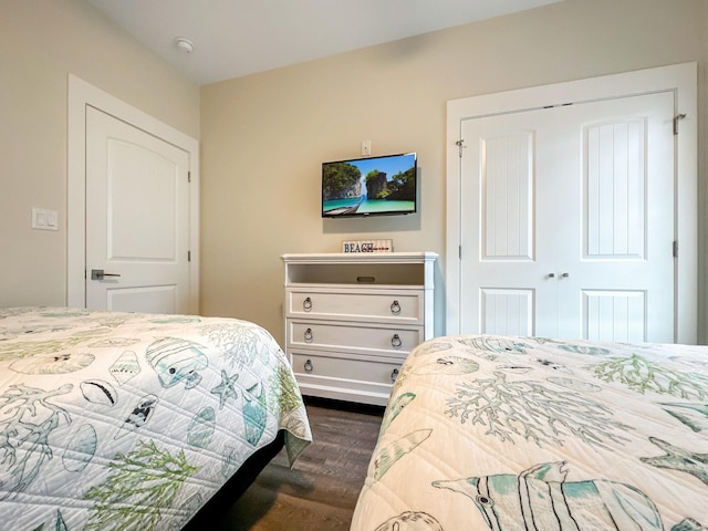 bedroom featuring dark hardwood / wood-style floors and a closet