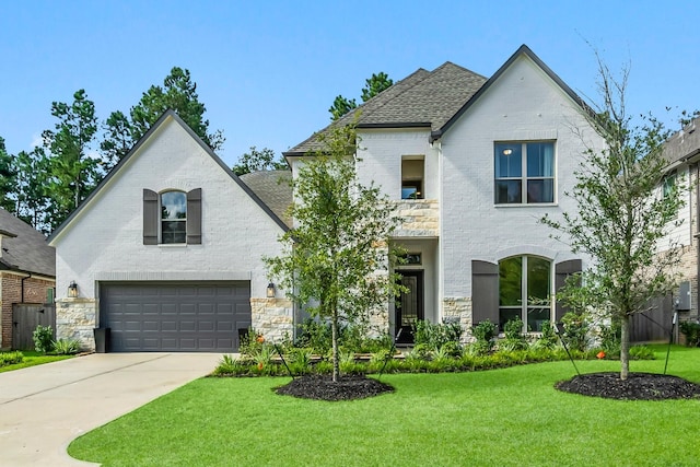 french country home with a garage and a front lawn