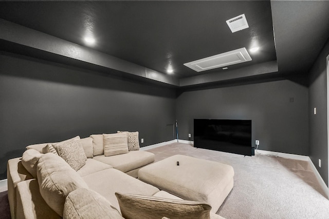 carpeted cinema room featuring a raised ceiling