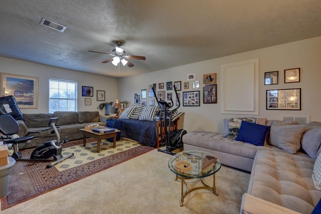 2106 Springwood, Brenham, TX 77833 - living area with ceiling fan, carpet flooring, and a textured ceiling