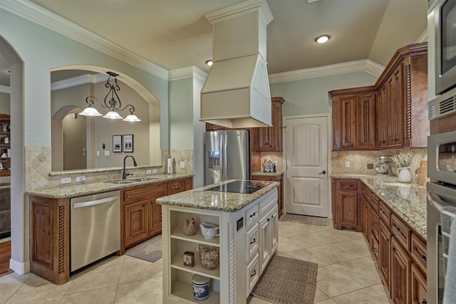 kitchen featuring sink, light tile patterned floors, stainless steel appliances, light stone counters, and decorative backsplash