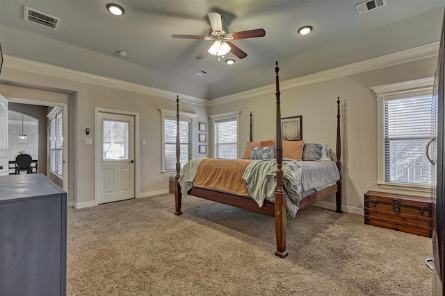 bedroom featuring light carpet and ceiling fan