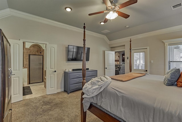 carpeted bedroom featuring lofted ceiling, crown molding, stainless steel fridge, and ceiling fan