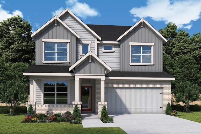 craftsman-style home featuring driveway, brick siding, board and batten siding, and an attached garage