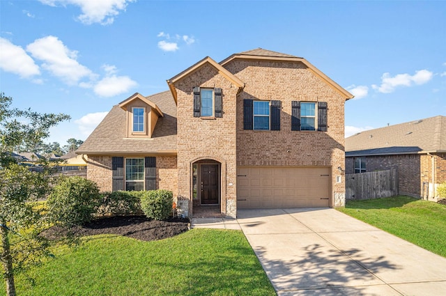 view of front of property with a garage and a front lawn