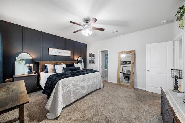 bedroom with light carpet and ceiling fan