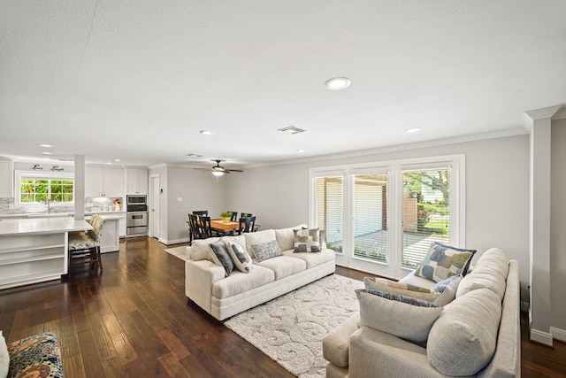 living room featuring dark hardwood / wood-style flooring, sink, crown molding, and ceiling fan