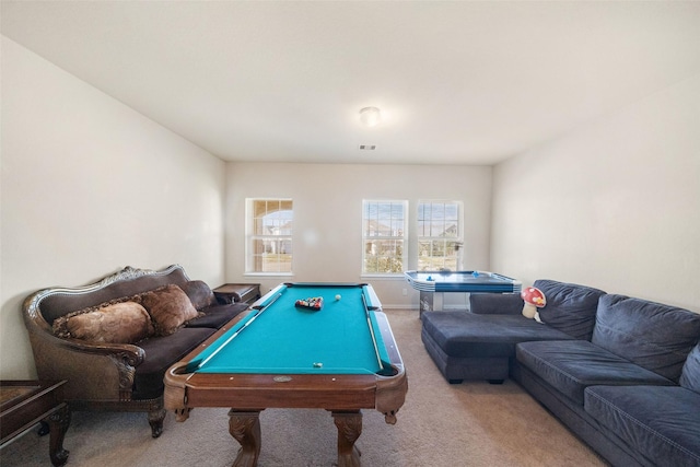 game room with light carpet and billiards