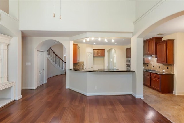 kitchen featuring tasteful backsplash, dark hardwood / wood-style floors, stainless steel appliances, and kitchen peninsula