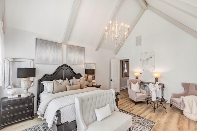 bedroom with high vaulted ceiling, beam ceiling, light hardwood / wood-style floors, and a chandelier