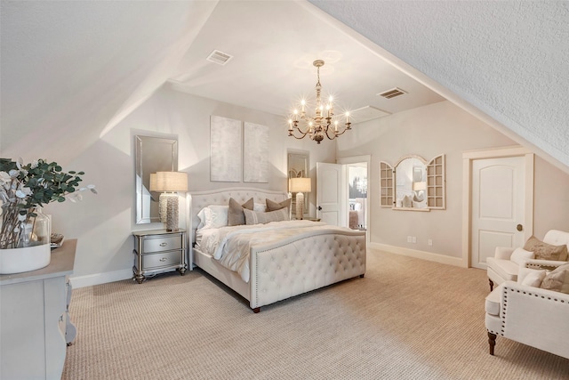 bedroom with light colored carpet and a notable chandelier