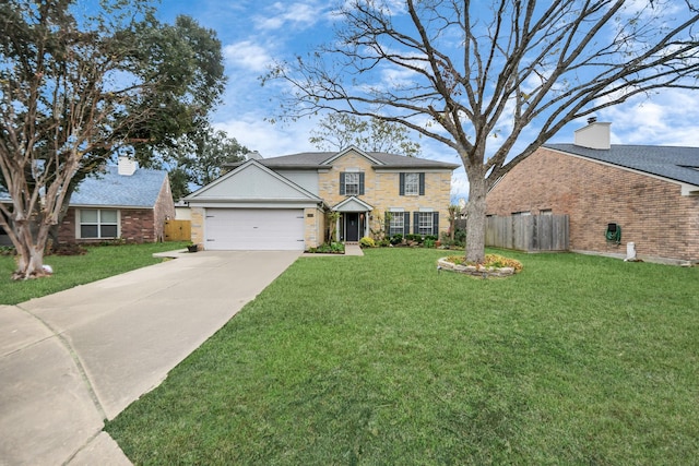 view of front of property with a garage and a front lawn