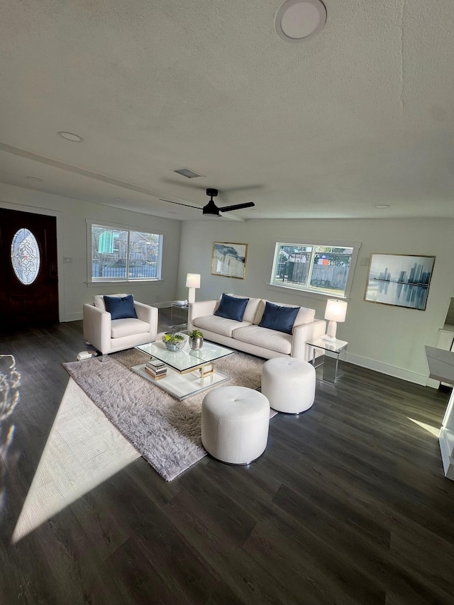 living room with dark hardwood / wood-style flooring, a wealth of natural light, and a textured ceiling