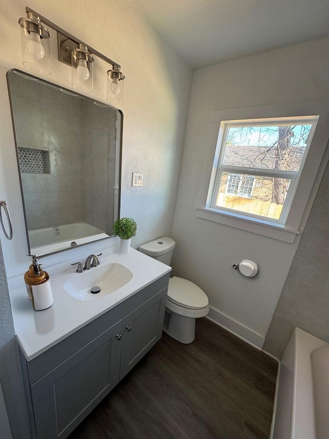 bathroom featuring hardwood / wood-style flooring, vanity, and toilet