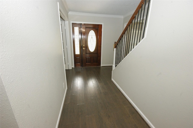 entrance foyer with dark hardwood / wood-style flooring and crown molding