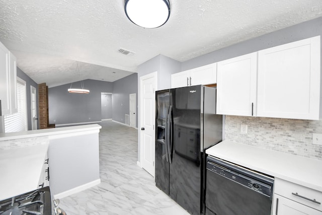 kitchen featuring white cabinets, hanging light fixtures, a textured ceiling, and black appliances