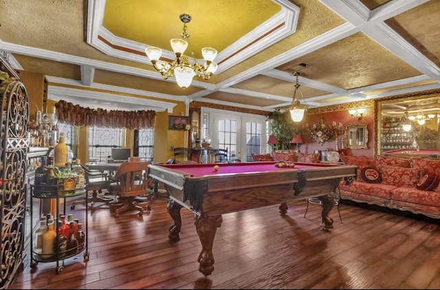 rec room with beam ceiling, coffered ceiling, wood-type flooring, ornamental molding, and french doors